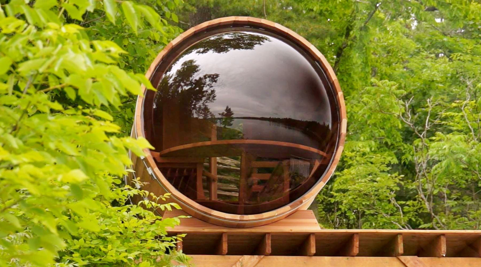 Dundalk panoramic barrel sauna on deck