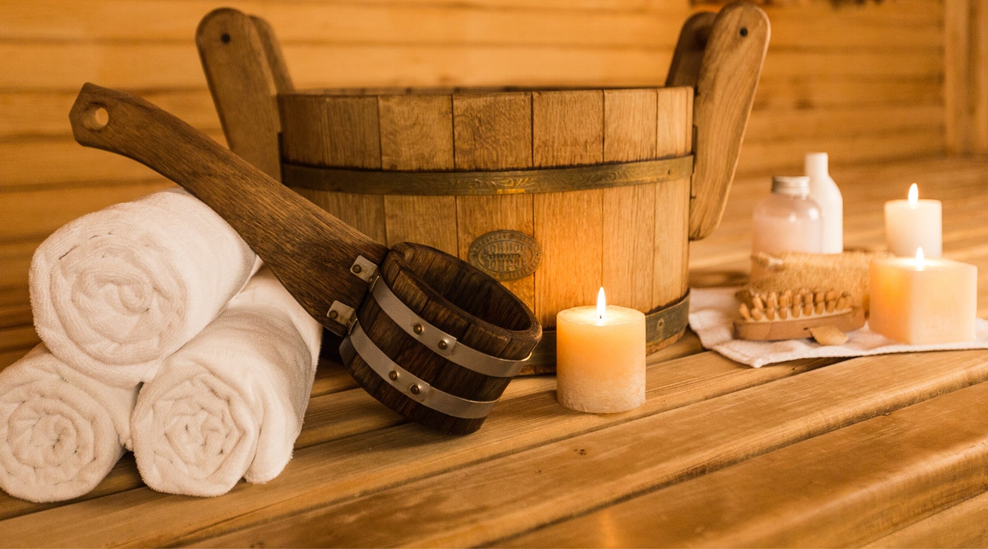 Sauna Kit Including Towels, Bucket and Ladle, Candles, Body Brush and Liquid Soap