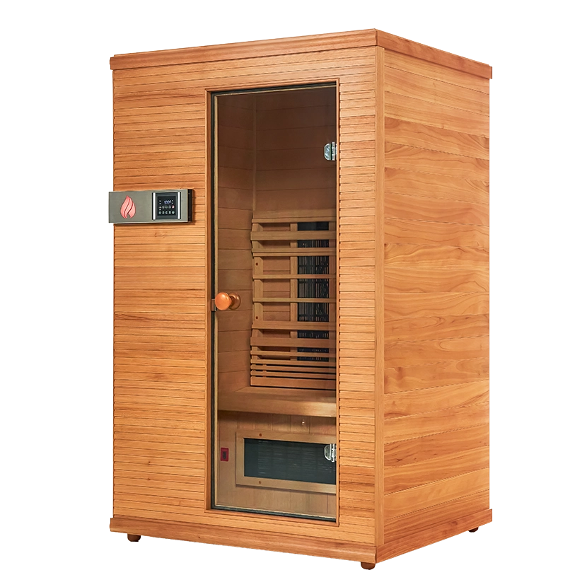 Wooden sauna with glass door on a white background
