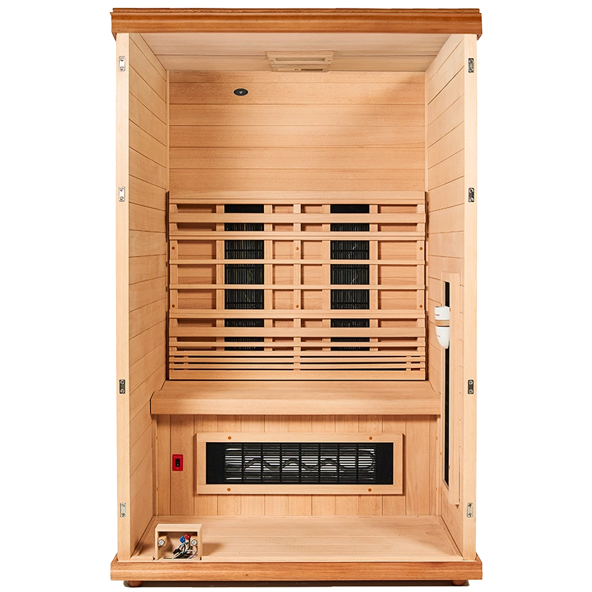 Wooden infrared sauna with heater panel on a white background