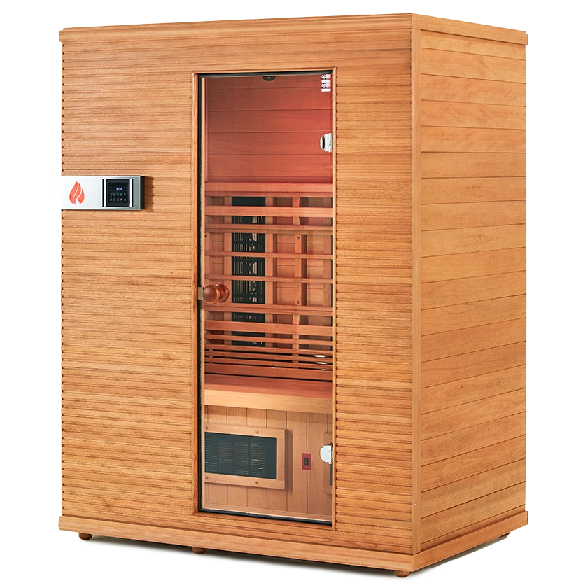 Wooden sauna with glass door on a white background