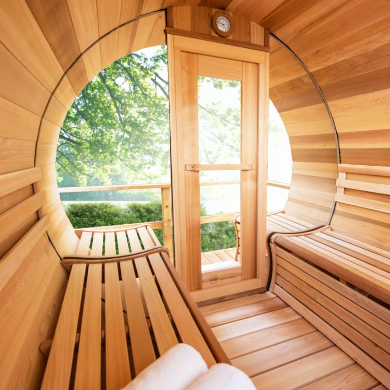 Dundalk Barrel Sauna with Half Moon Windows, Heater included, customizable  - Divine Saunas